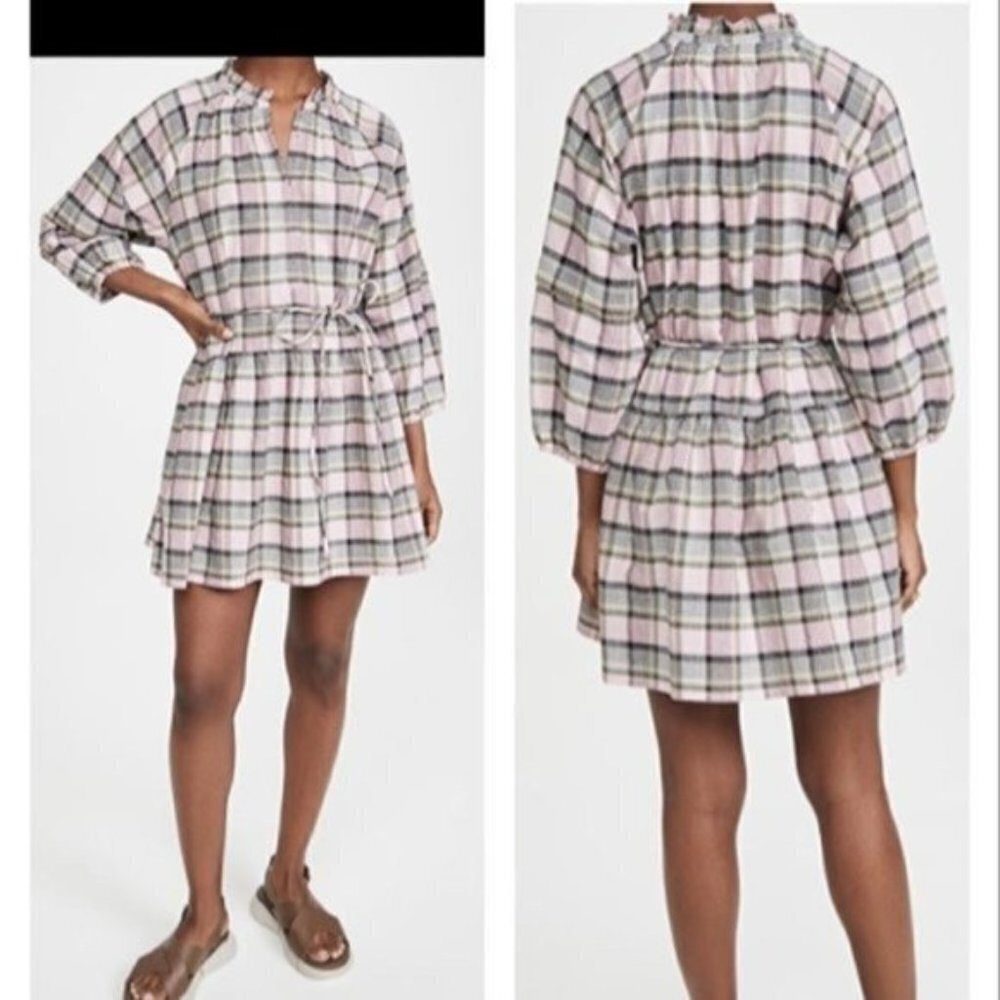 Apiece Apart Pink Laguna Plaid Balloon 3/4 Sleeve Coastal Preppy XS Mini Dress